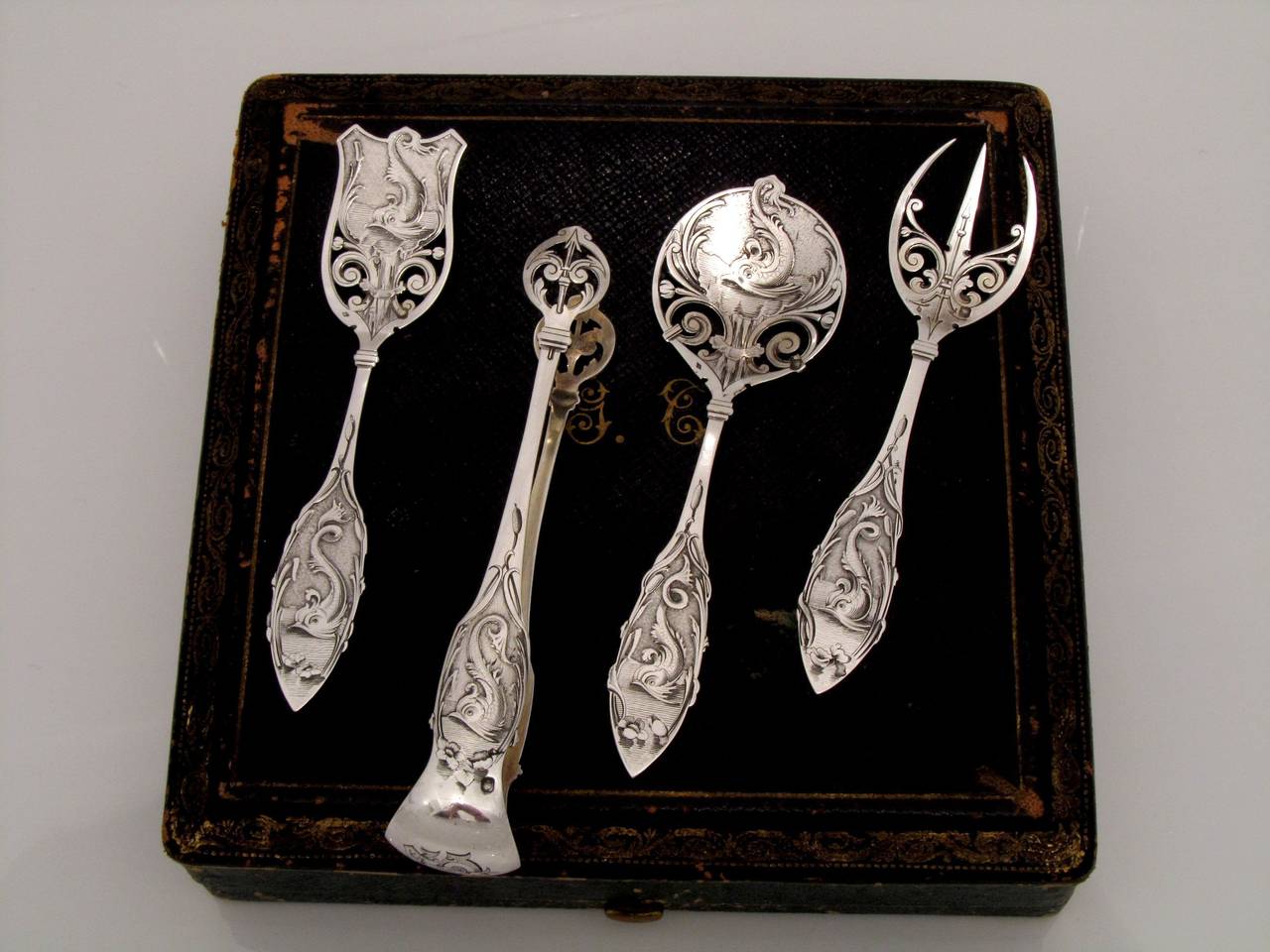 Women's or Men's Odiot Rare French Dolphin All Sterling Silver Dessert Set 4 pc with Original Box