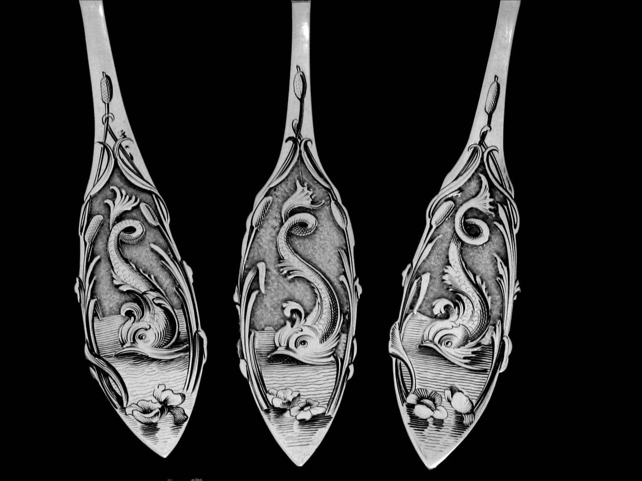 Odiot Rare French Dolphin All Sterling Silver Dessert Set 4 pc with Original Box In Good Condition In Triaize, Pays de Loire