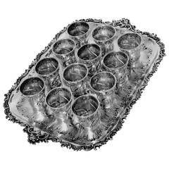 Antique Soufflot Rare French All Sterling Silver Liquor Cups 12 pc w/Tray Rococo