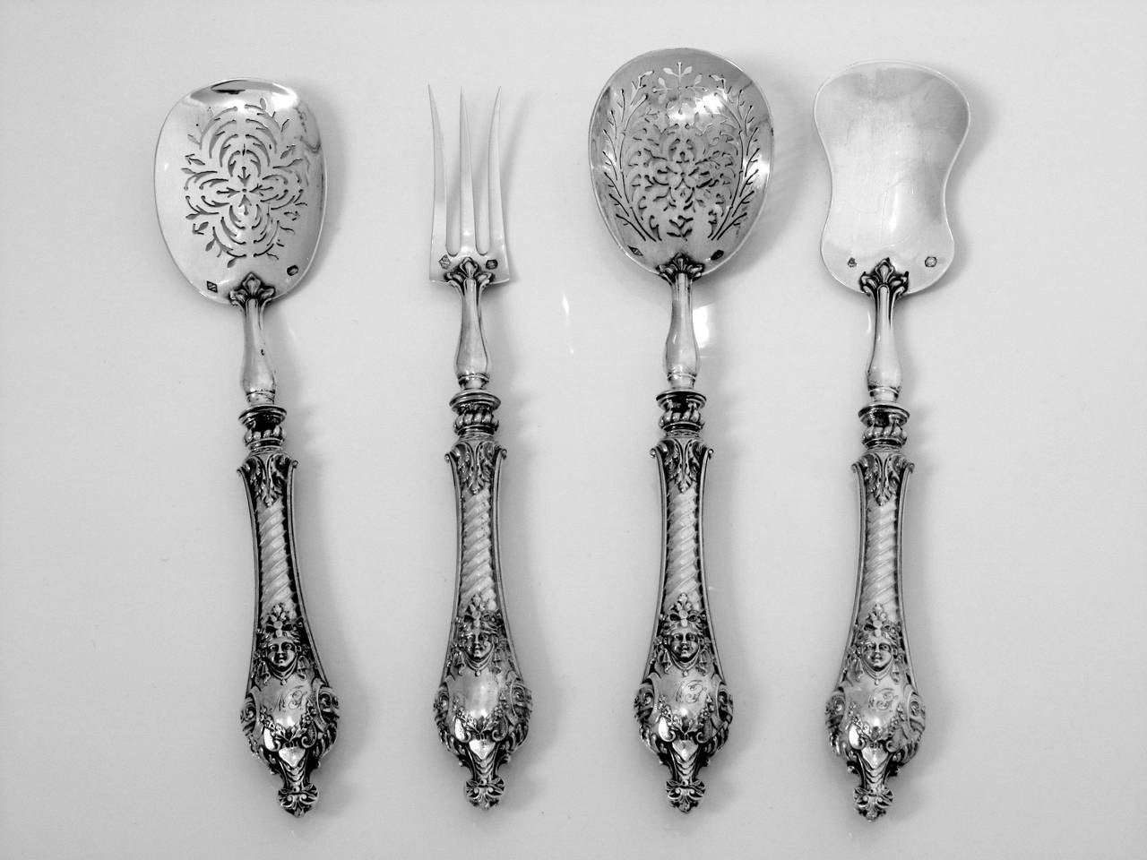 Renaissance Gorgeous French All Sterling Silver Dessert Hors d'Oeuvre Set 4 pc Mascarons