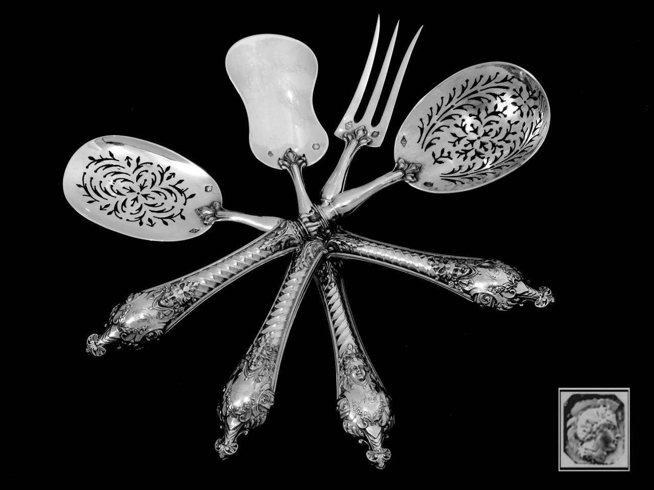 Gorgeous French All Sterling Silver Dessert Hors d'Oeuvre Set 4 pc Mascarons 2