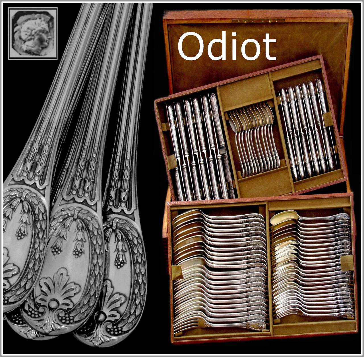 Odiot Rare French Louveciennes Sterling Silver Flatware Set 84 pc Wood Chest 

Head of Mercure 1 st titre on the dessert knives for 950/1000 French Sterling Silver guarantee
Head of Minerve 1 st titre on all other parts of the service for