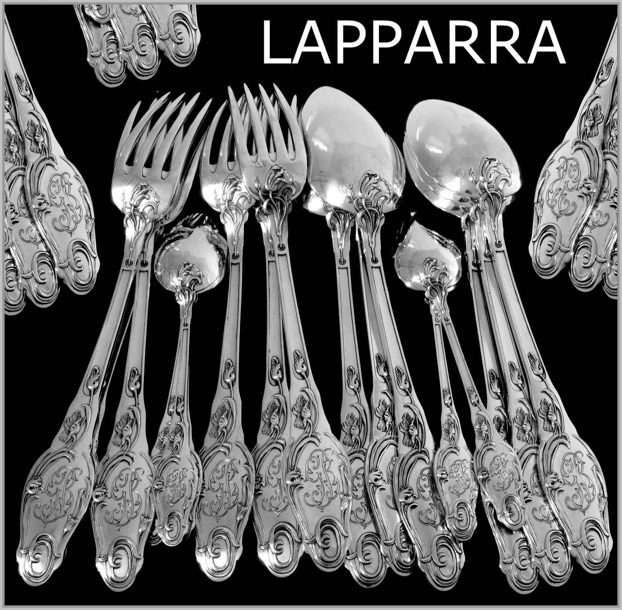 LAPPARRA Fabulous French Sterling Silver Dinner Flatware Set 18 pc Poppies

Head of Minerve 1 st titre for 950/1000 French Sterling Silver guarantee

The design and workmanship of this set is exceptional. The handles have sophisticated and