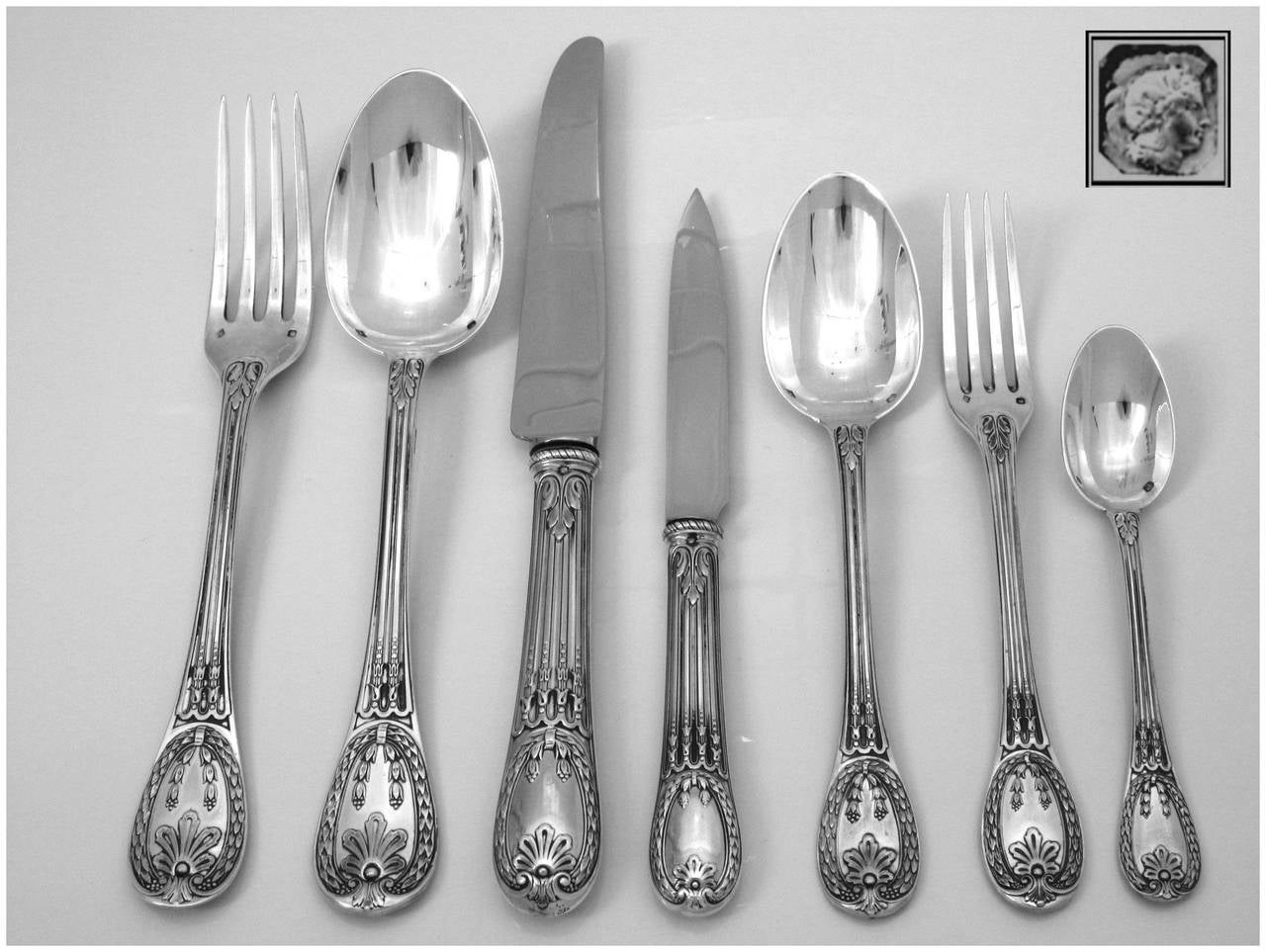 Odiot Rare French Louveciennes Sterling Silver Flatware Set 84 pc Wood Chest 2