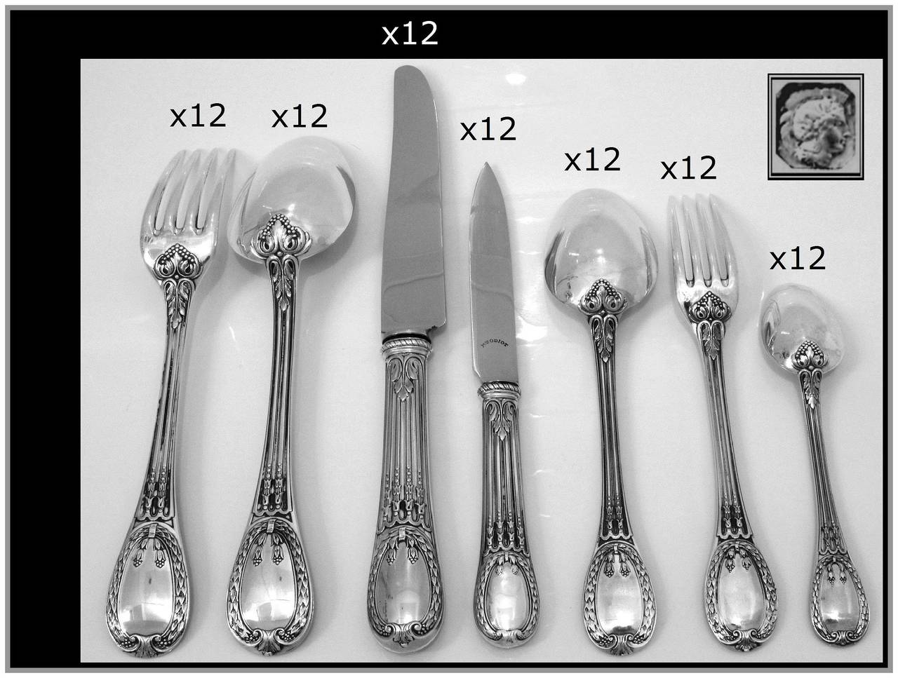 Art Nouveau Odiot Rare French Louveciennes Sterling Silver Flatware Set 84 pc Wood Chest