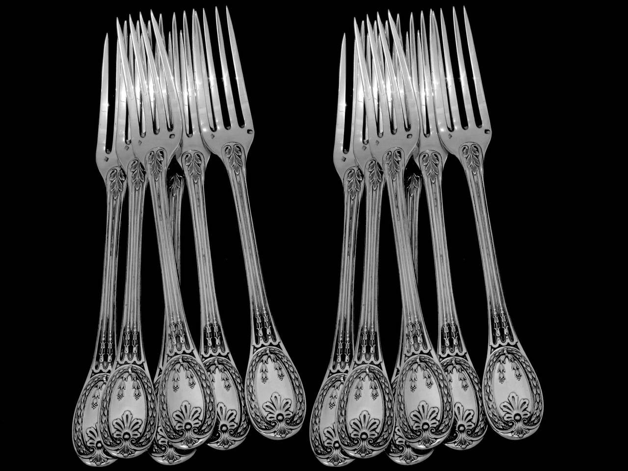 Odiot Rare French Louveciennes Sterling Silver Flatware Set 84 pc Wood Chest 3