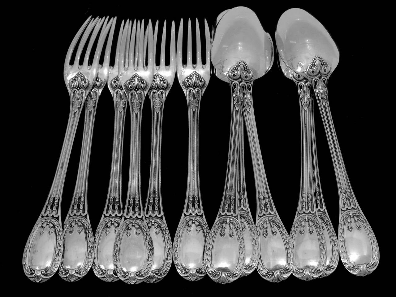 Odiot Rare French Louveciennes Sterling Silver Flatware Set 84 pc Wood Chest 5