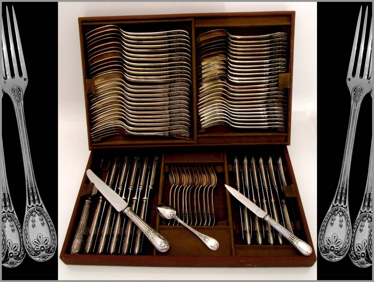 Odiot Rare French Louveciennes Sterling Silver Flatware Set 84 pc Wood Chest 4