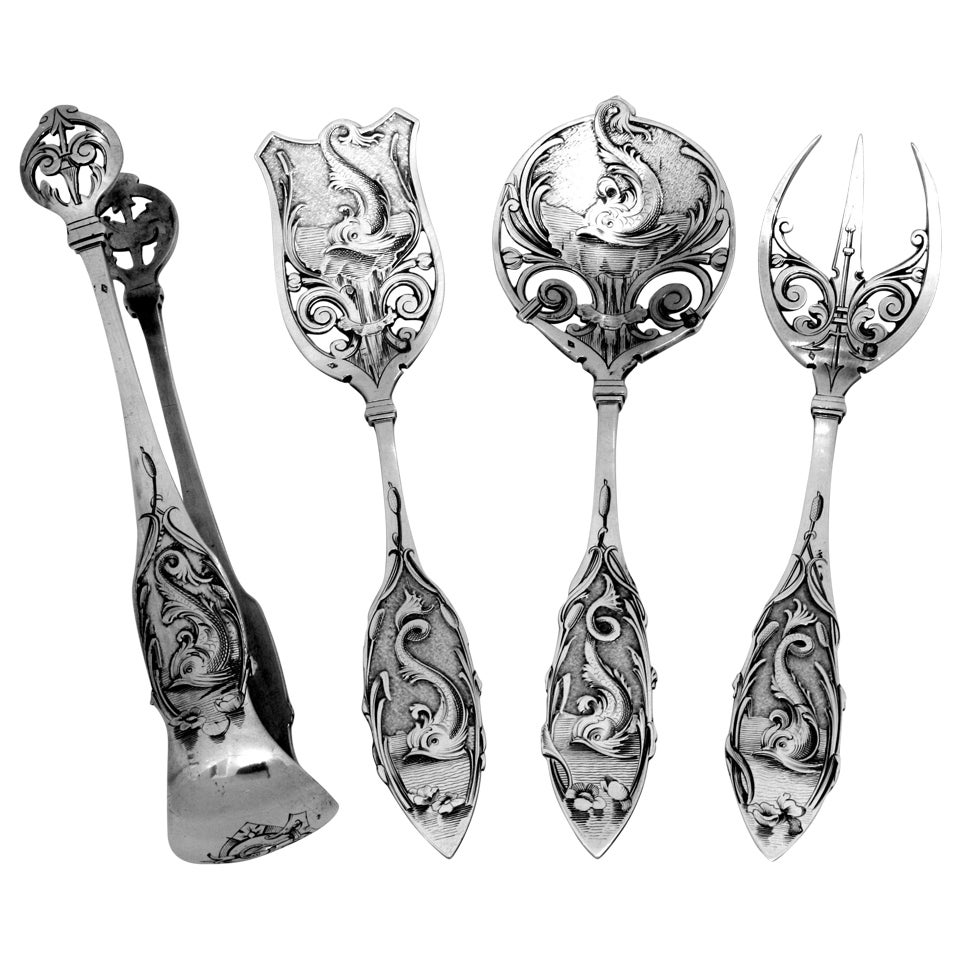 Odiot Rare French Dolphin All Sterling Silver Dessert Set 4 pc with Original Box