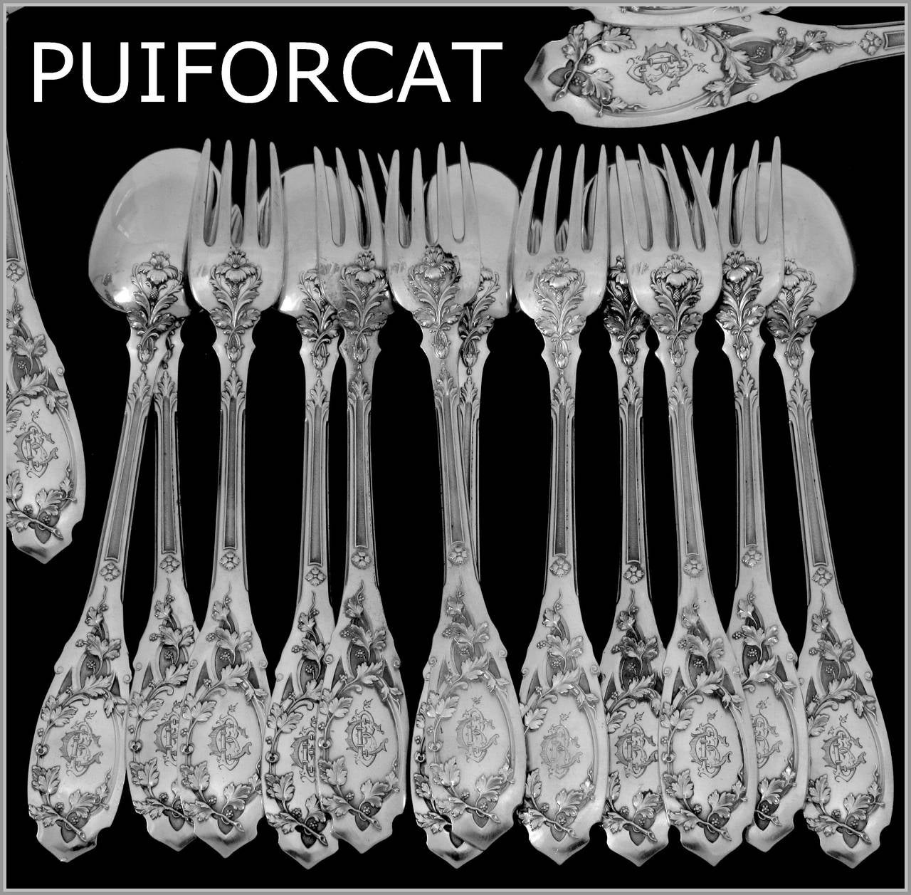 PUIFORCAT Rare French Sterling Silver Dinner Flatware Set 12 pc Moderne Model

Head of Minerve 1 st titre for 950/1000 French Sterling Silver guarantee

The design and workmanship of this set is exceptional. Absolutely gorgeous flatware,