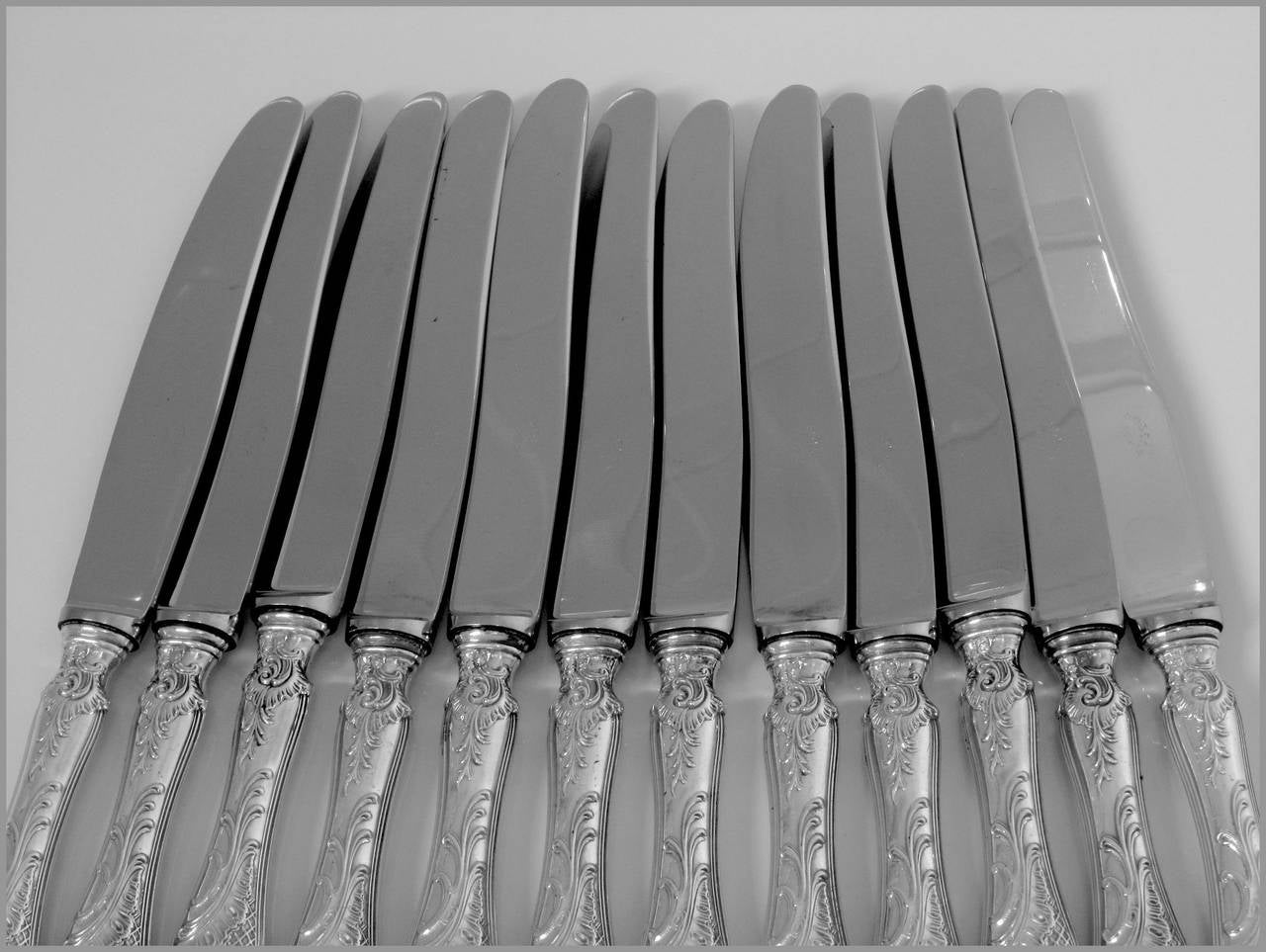 French Sterling Silver Dessert Knife Set 12 pc Rococo Stainless Steel Blades In Good Condition In Triaize, Pays de Loire