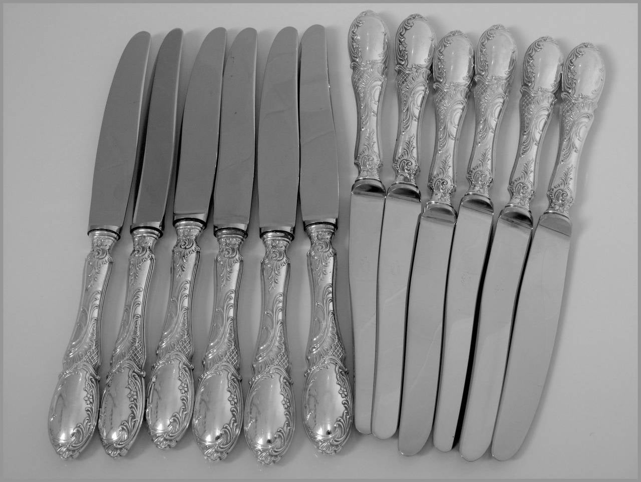 French Sterling Silver Dessert Knife Set 12 pc Rococo Stainless Steel Blades 1