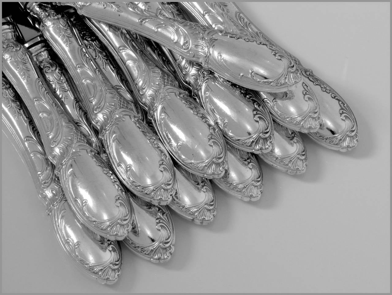 French Sterling Silver Dessert Knife Set 12 pc Rococo Stainless Steel Blades 3