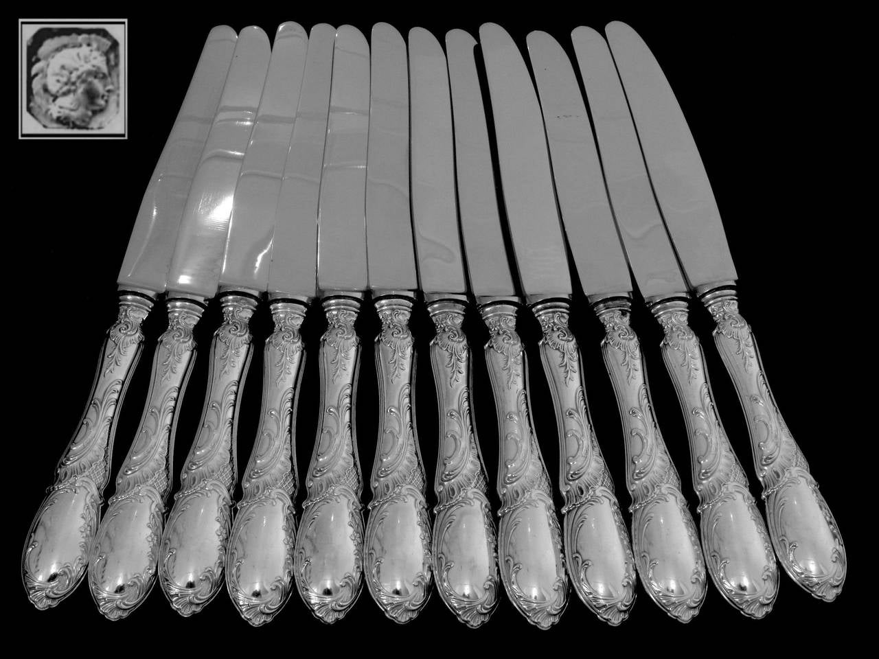 French Sterling Silver Dinner Knife Set 12 pc Rococo, Stainless Steel Blades

Head of Minerve 1 st titre on the handles for 950/1000 French Sterling Silver guarantee and Stainless Steel Blades engraved Nogent Inox.

The design and workmanship of