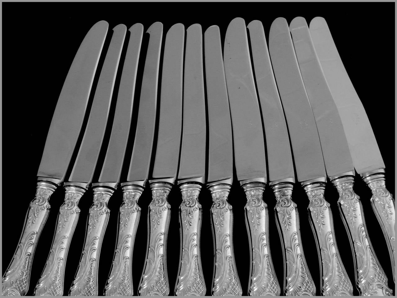 French Sterling Silver Dinner Knife Set 12 pc Rococo Stainless Steel Blades 3