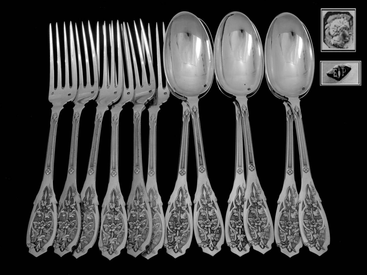 Puiforcat Rare French Sterling Silver Dinner Flatware Set 12 pc Moderne Model In Good Condition In Triaize, Pays de Loire