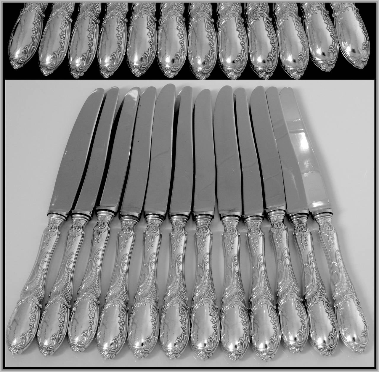 Women's or Men's French Sterling Silver Dessert Knife Set 12 pc Rococo Stainless Steel Blades