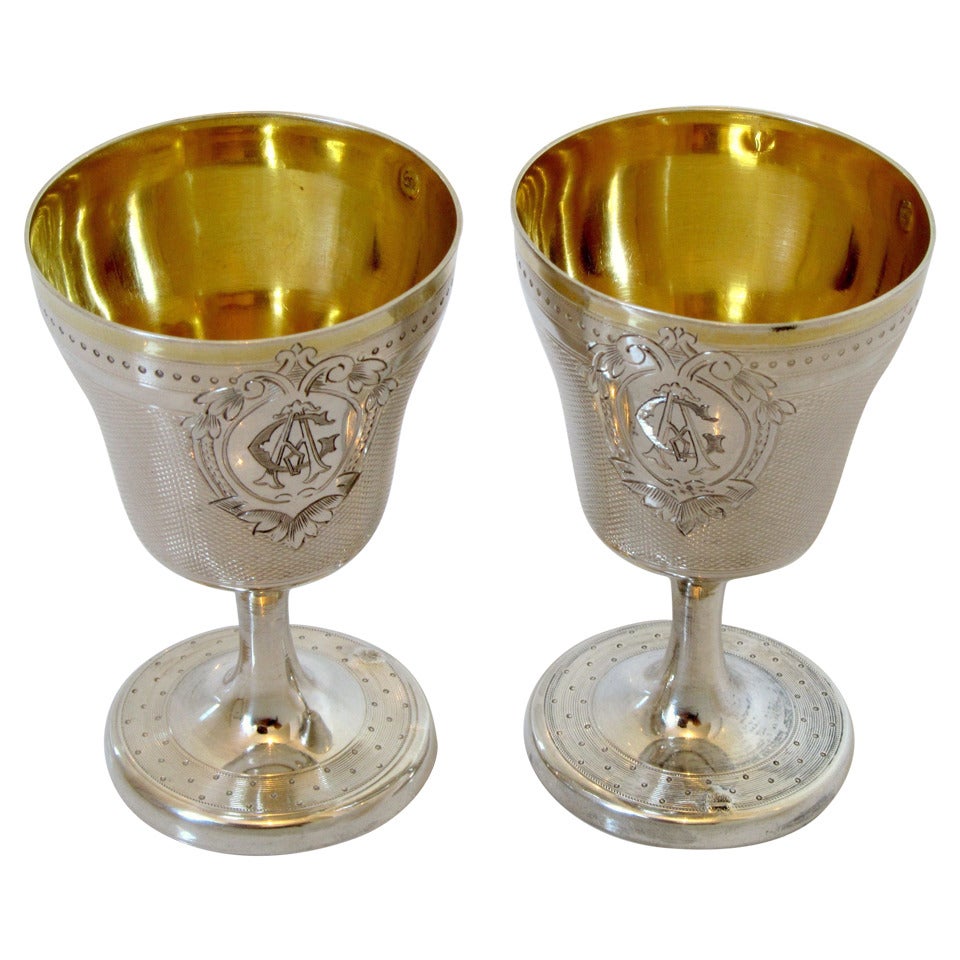 Puiforcat Rare Pair French Sterling Silver Vermeil Egg Cups Guilloche
