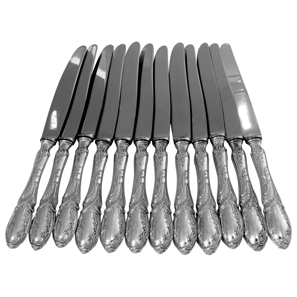 French Sterling Silver Dessert Knife Set 12 pc Rococo Stainless Steel Blades