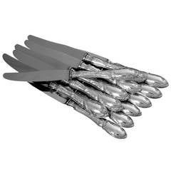 French Sterling Silver Dinner Knife Set 12 pc Rococo Stainless Steel Blades