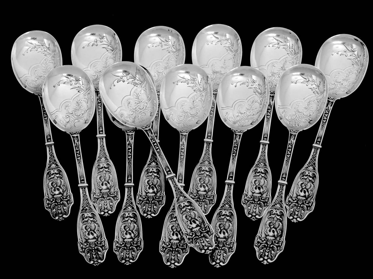 Boivin Fabulous French All Sterling Silver Ice Cream Set 13 pc Swans In Good Condition In Triaize, Pays de Loire