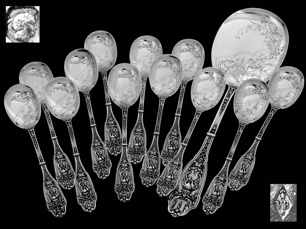 Empire Boivin Fabulous French All Sterling Silver Ice Cream Set 13 pc Swans