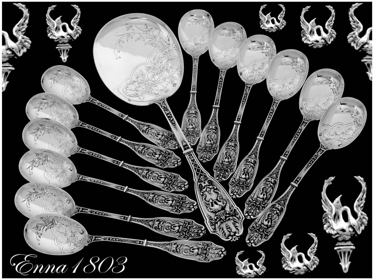 Boivin Fabulous French All Sterling Silver Ice Cream Set 13 pc Swans

Head of Minerve 1 st titre for 950/1000 French Sterling Silver guarantee

Finesse of design and quality of execution rarely seen for this set. The upper parts are engraved