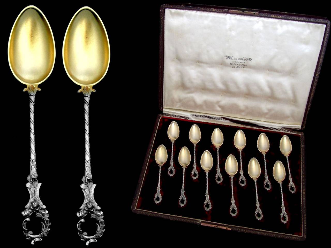 Antique Sterling Silver Gold Teaspoons Set 12 pc w/orignal box Rococo

Weevil French mark in use July 1, 1864 to June 30, 1893. Imported from Germany for at least 800/1000 sterling silver.

German marks : 