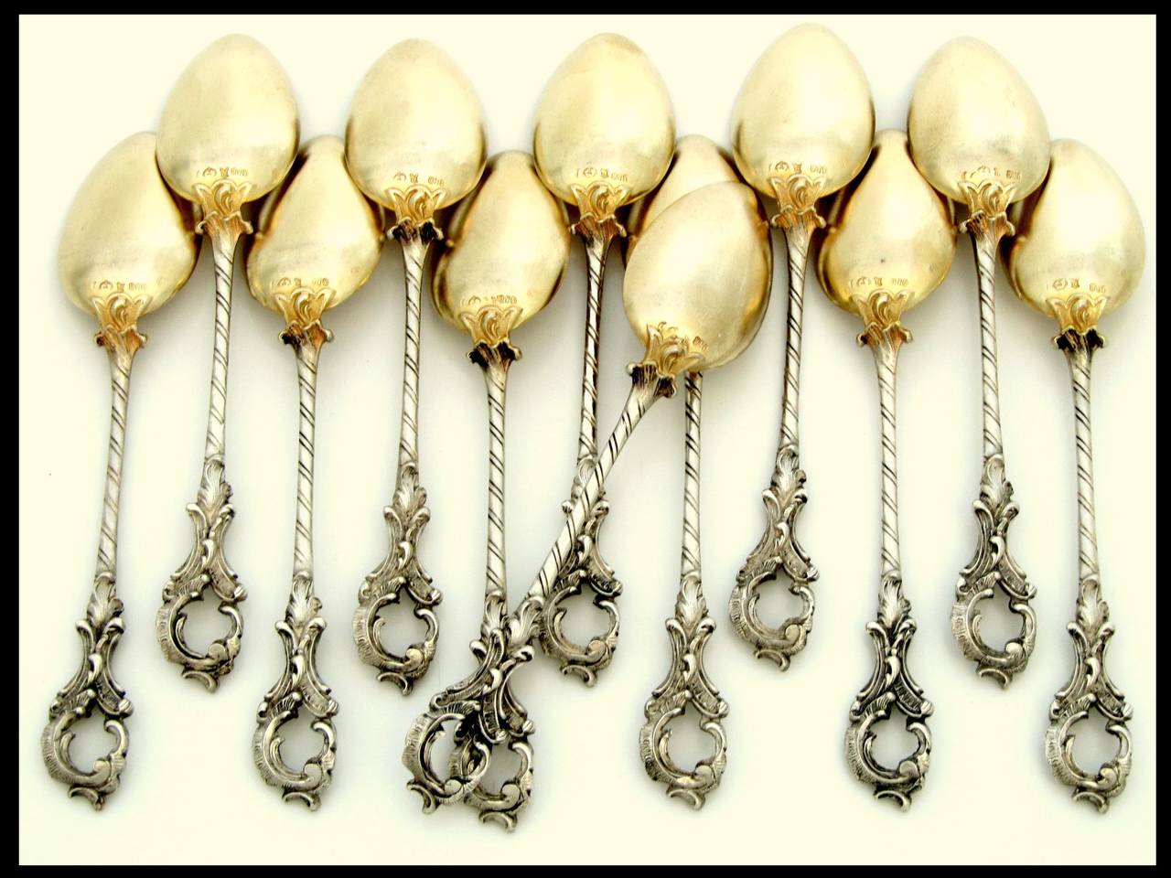 Antique German Sterling Silver Gold Teaspoons Set 12 pc w/original box Rococo For Sale 1