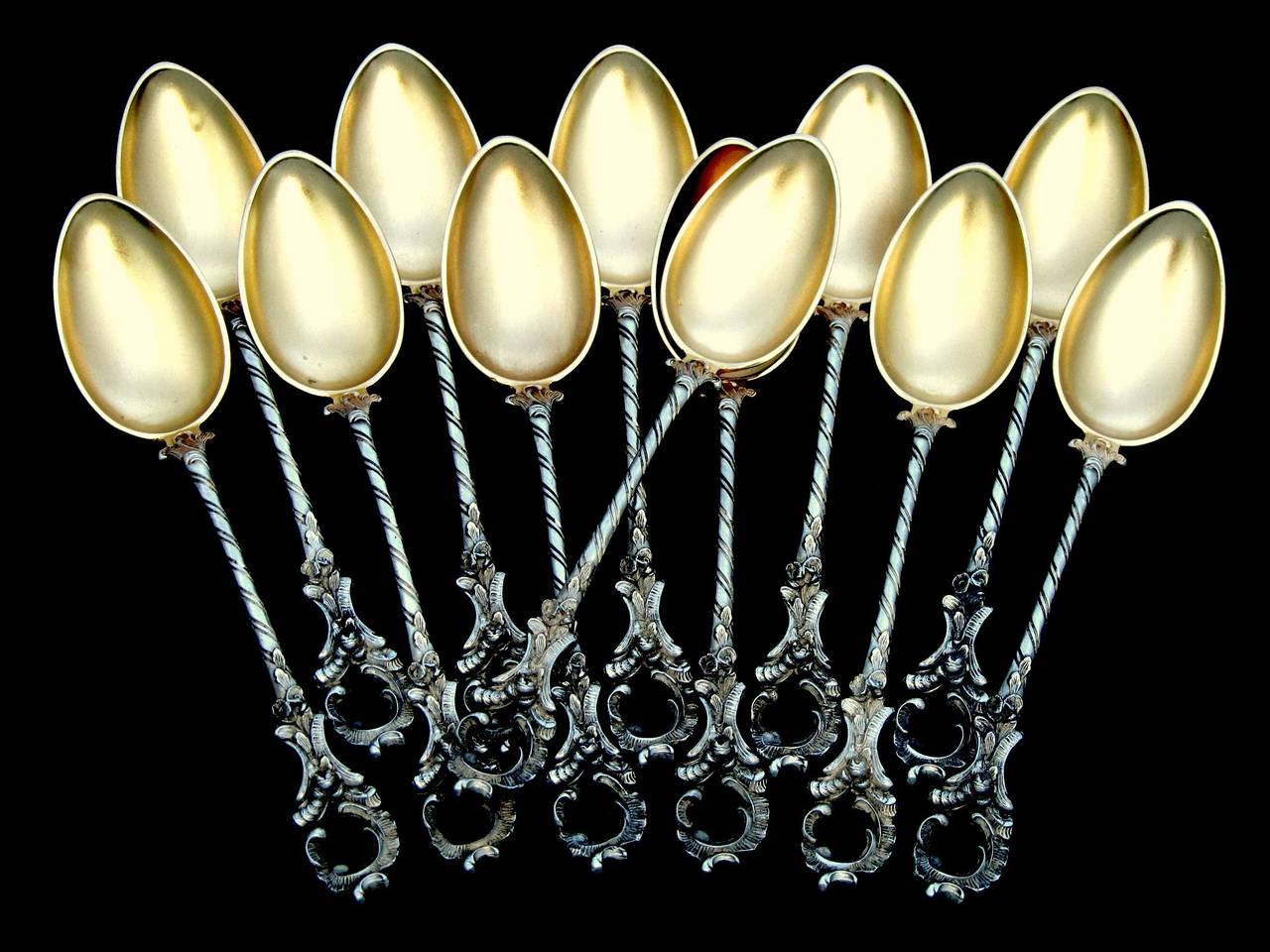 Antique German Sterling Silver Gold Teaspoons Set 12 pc w/original box Rococo For Sale 3