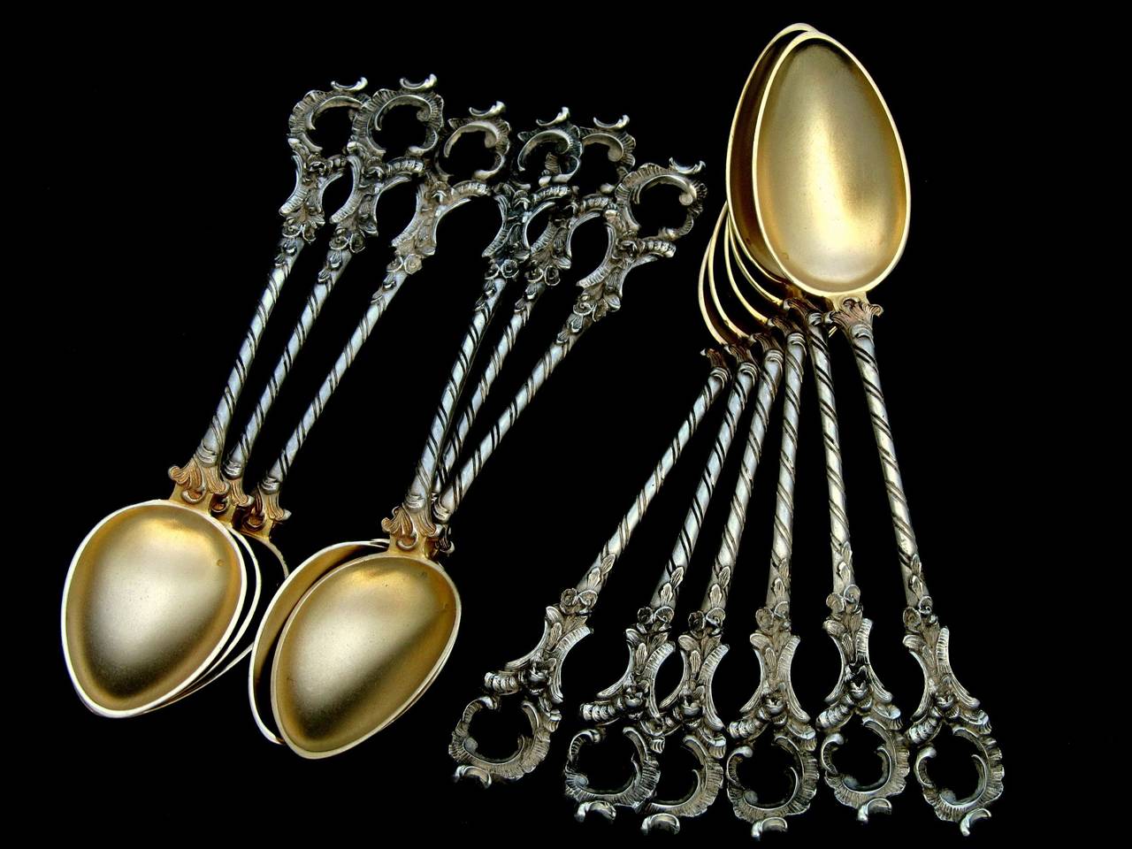 Antique German Sterling Silver Gold Teaspoons Set 12 pc w/original box Rococo For Sale 5