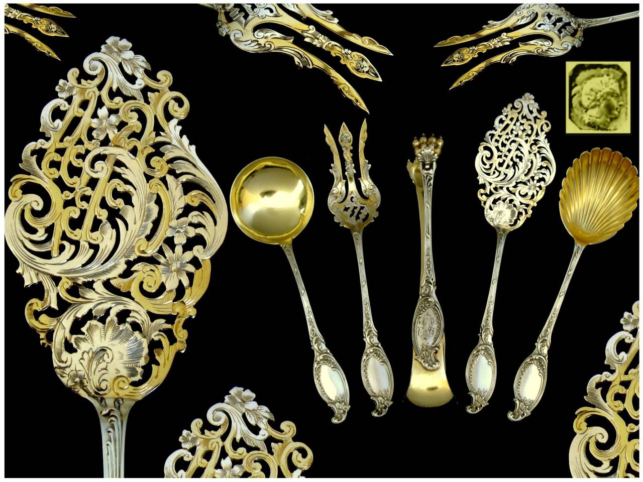 Henin Fabulous French All Sterling Silver Vermeil Dessert Set 5 pc w/box Rococo

Hallmarks :
Head of Minerve 1 st titre for 950/1000 French Sterling Silver Vermeil guarantee

A set of truly exceptional quality, for the richness of their