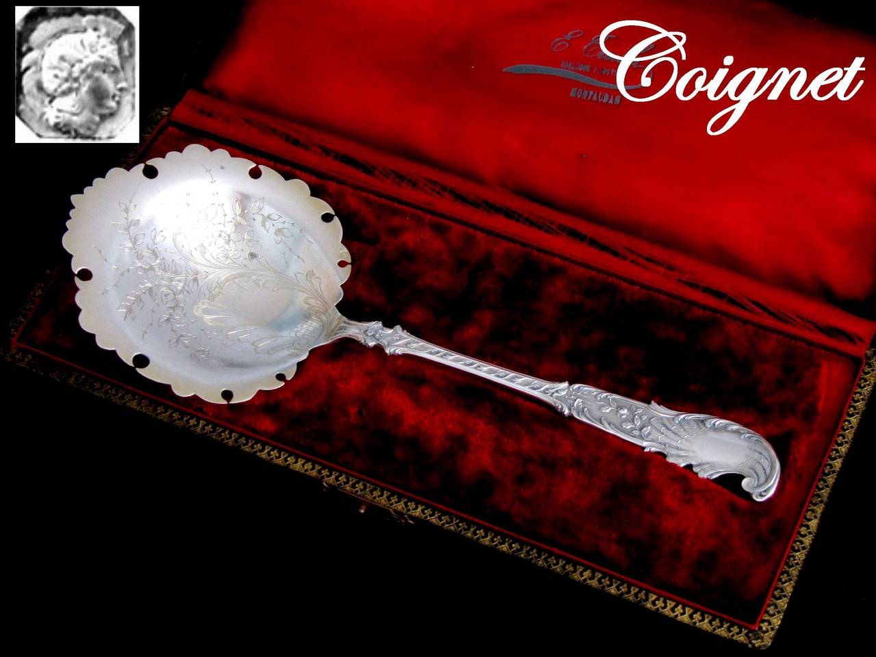 Coignet Fabulous French All Sterling Silver Strawberry Spoon original box Rococo 4