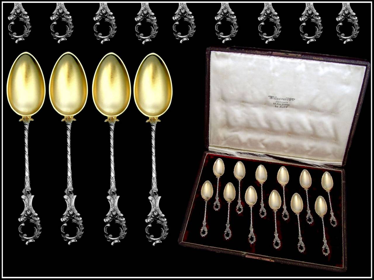 Antique German Sterling Silver Gold Teaspoons Set 12 pc w/original box Rococo For Sale 2