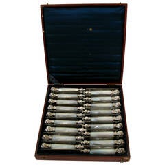 Antique Cardeilhac French Sterling Silver & Pearl Entremet Knife Set 18 pc Napoleon III