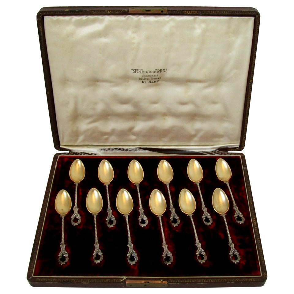 Antique German Sterling Silver Gold Teaspoons Set 12 pc w/original box Rococo For Sale
