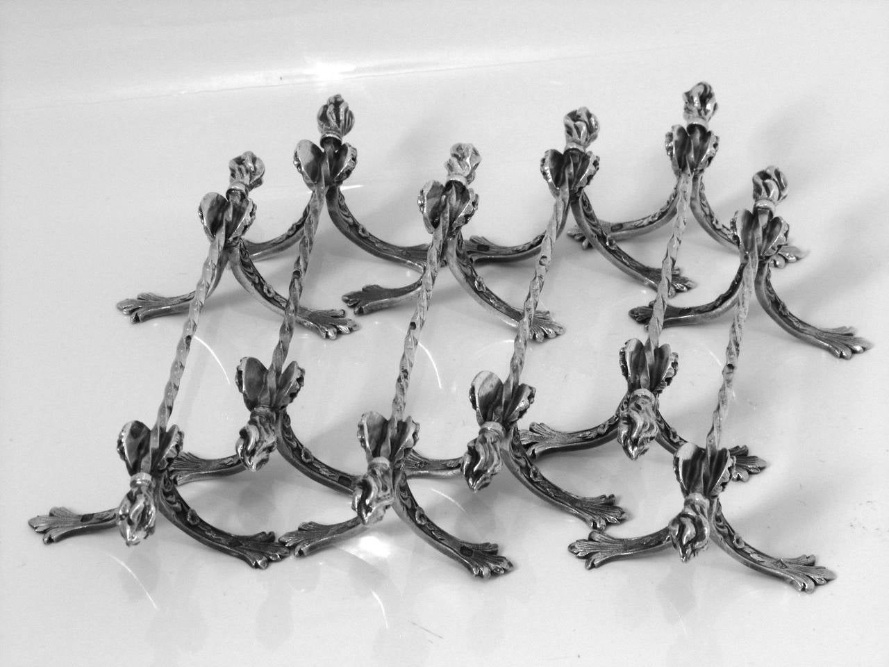 Queille Amazing French All Sterling Silver Knife Rests Set 12 pc Torches Model 1