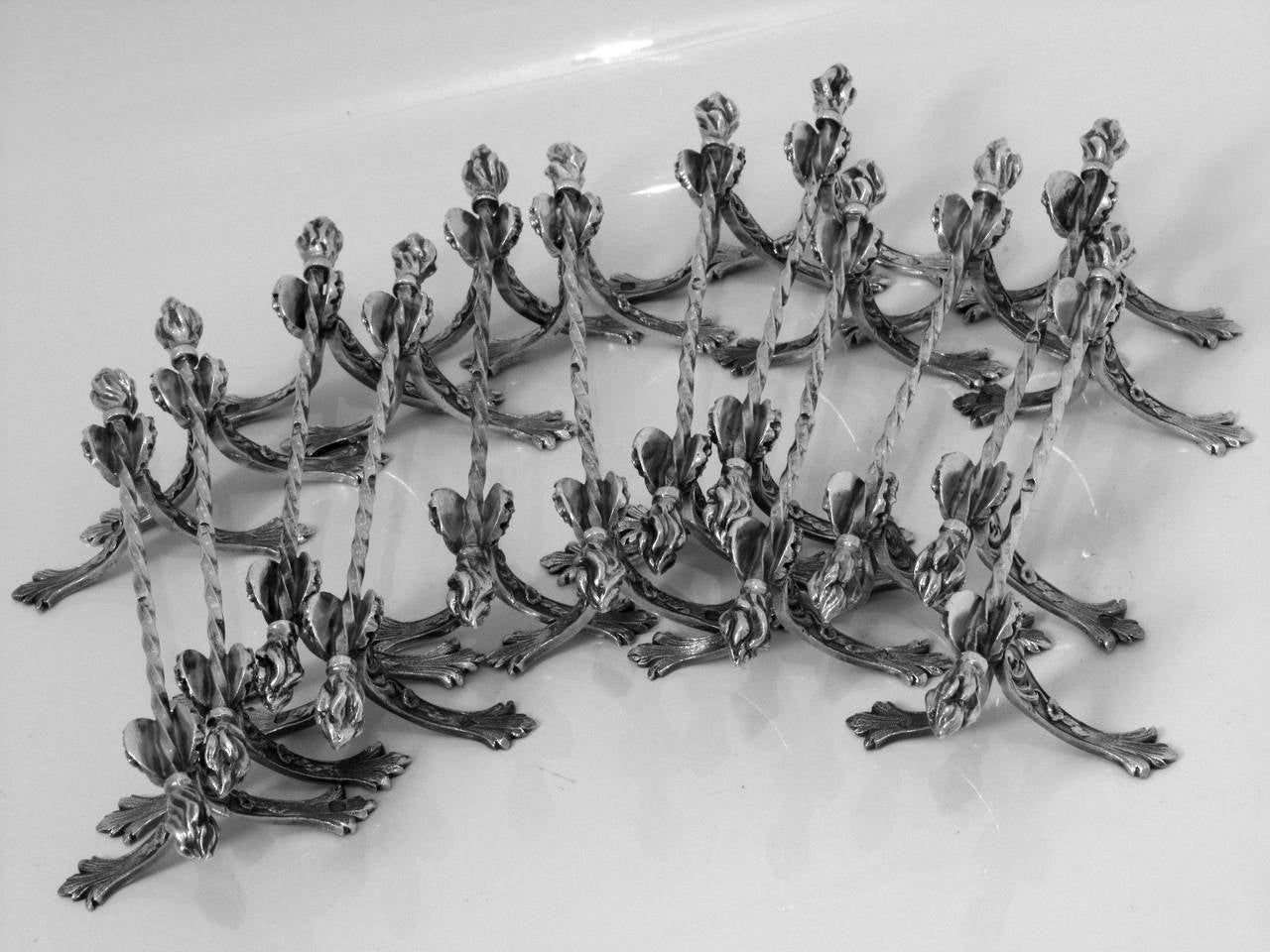 Queille Amazing French All Sterling Silver Knife Rests Set 12 pc Torches Model 4