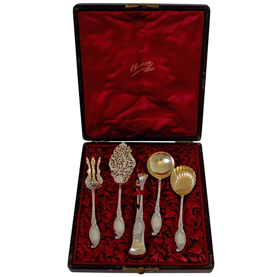 Henin Fabulous French All Sterling Silver Vermeil Dessert Set 5 pc w/Box Rococo