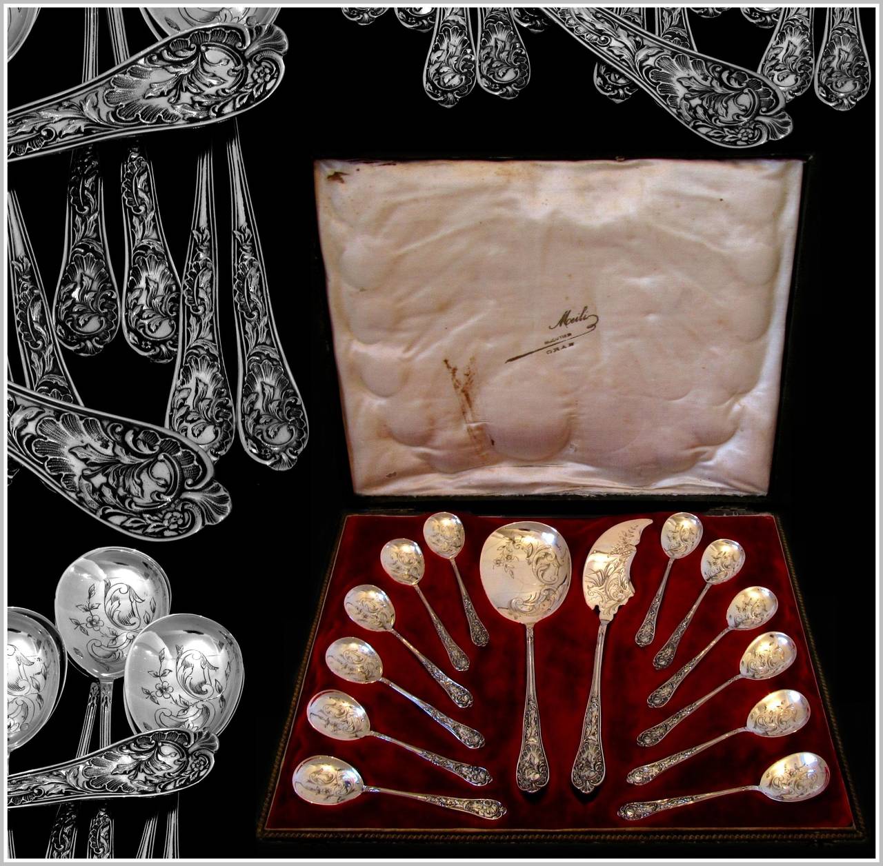 Bonnescoeur French All Sterling Silver Ice Cream Set 14 pc with Box Rococo

Head of Minerve 2nd titre for 800/1000 French Sterling Silver guarantee

A set of truly exceptional quality, for the richness of its decoration, its form and sculpting.