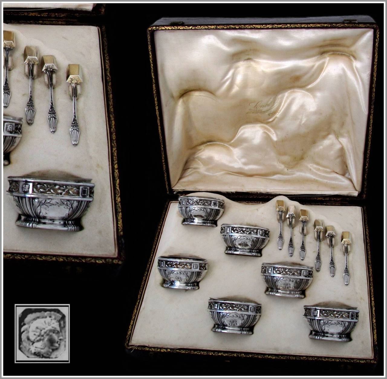 French All Sterling Silver Vermeil Set 6 Salt Cellars, Spoons with original Box 

Hallmarks :
Head of Minerve 1 st titre for 950/1000 French Sterling Silver Vermeil guarantee. The quality of the gold used to recover sterling silver is a minimum