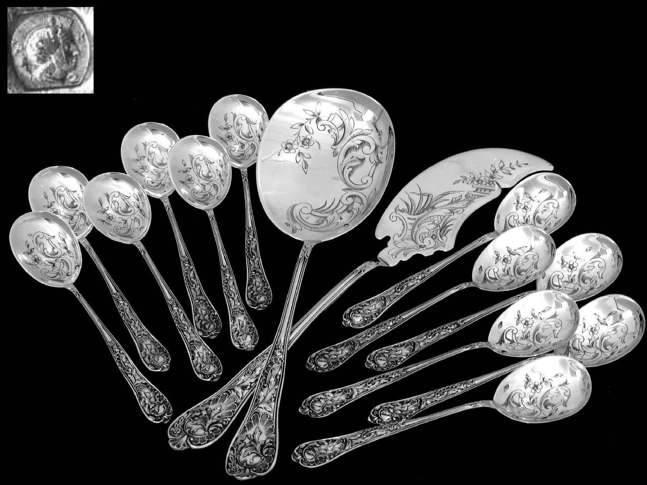Women's or Men's Bonnescoeur French All Sterling Silver Ice Cream Set 14 pc with Box Rococo For Sale