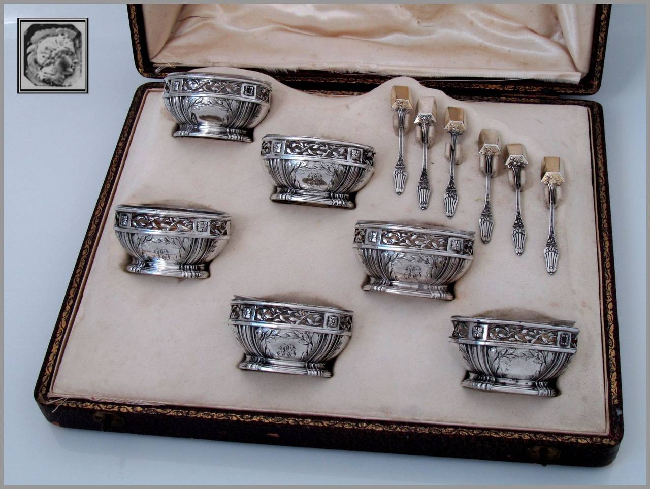 Rare French Sterling Silver Vermeil Set 6 Salt Cellars Spoons Original Box In Good Condition In Triaize, Pays de Loire