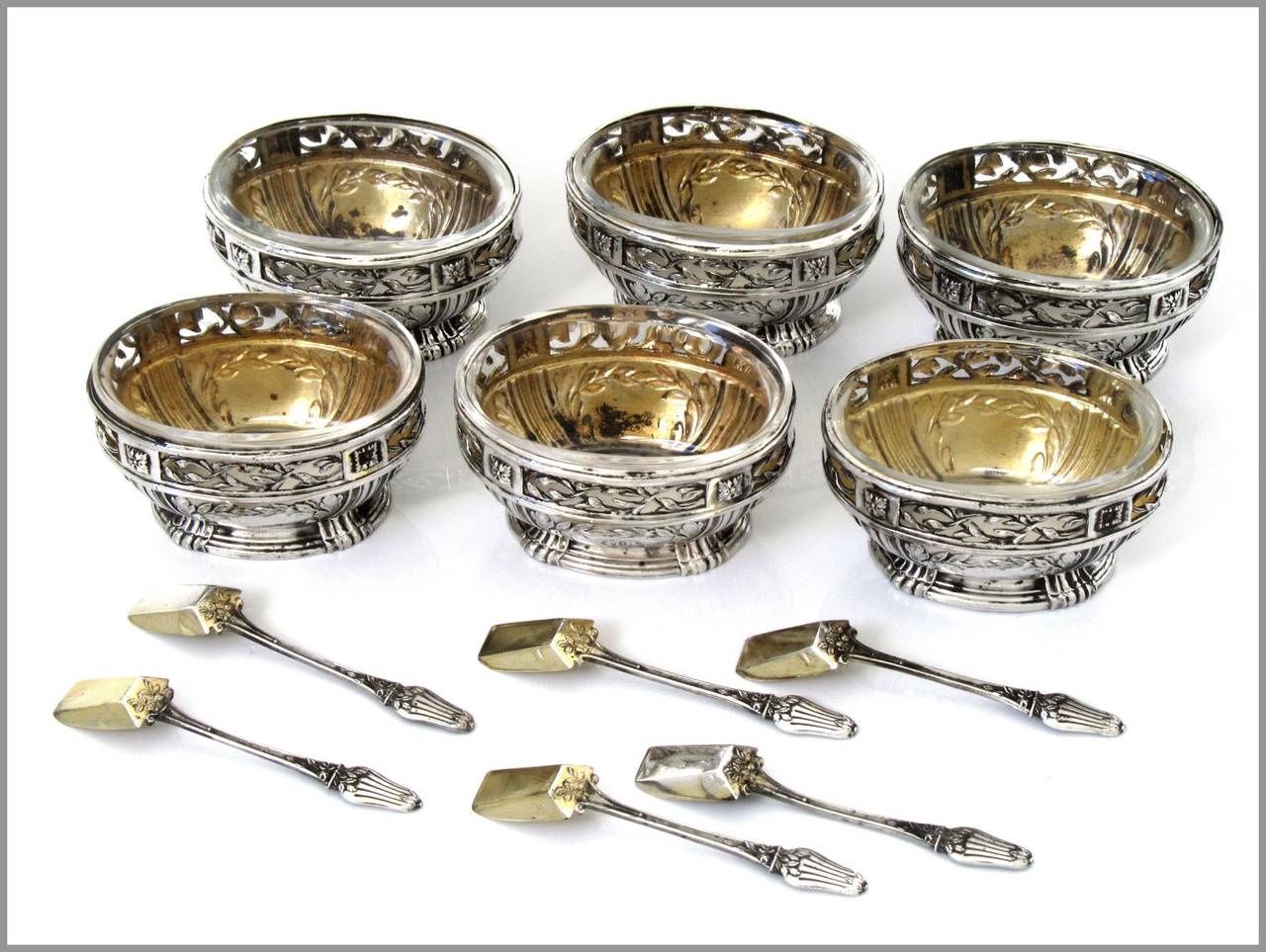 Neoclassical Rare French Sterling Silver Vermeil Set 6 Salt Cellars Spoons Original Box