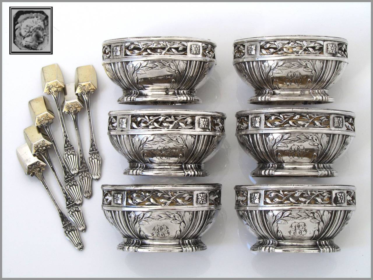 Rare French Sterling Silver Vermeil Set 6 Salt Cellars Spoons Original Box 3