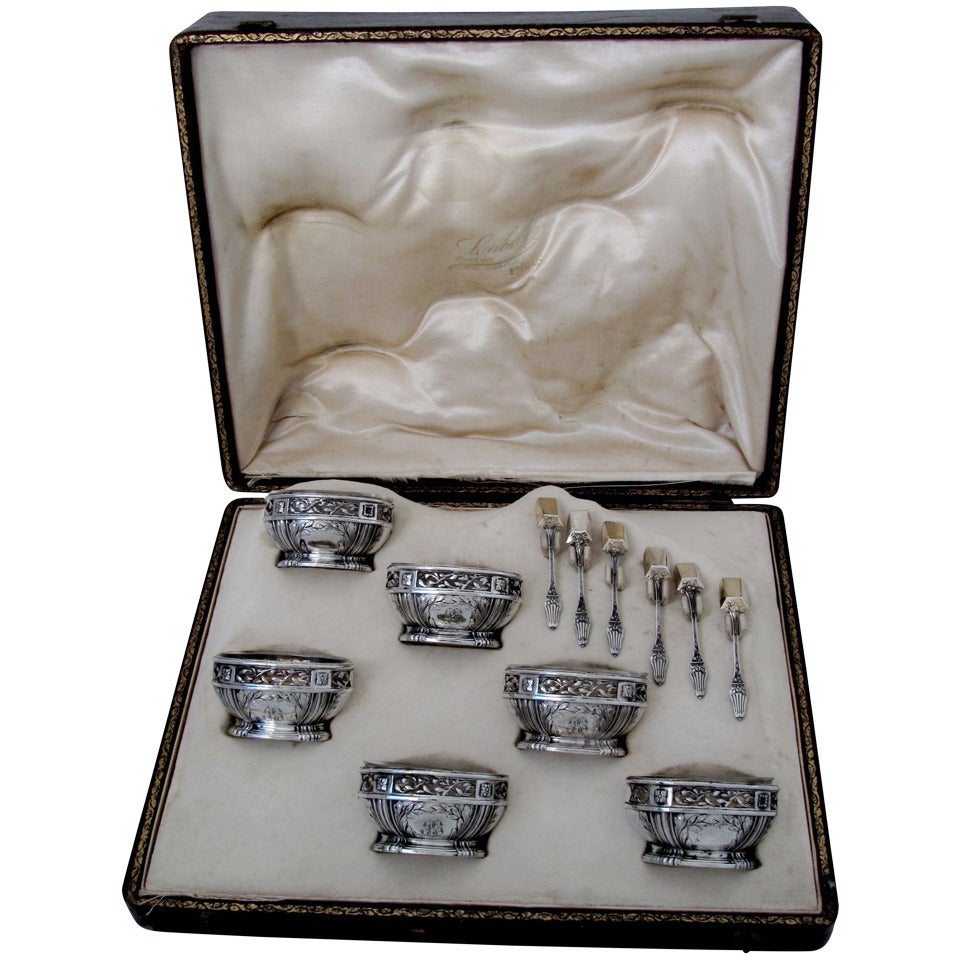 Rare French Sterling Silver Vermeil Set 6 Salt Cellars Spoons Original Box