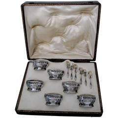 Antique Rare French Sterling Silver Vermeil Set 6 Salt Cellars Spoons Original Box