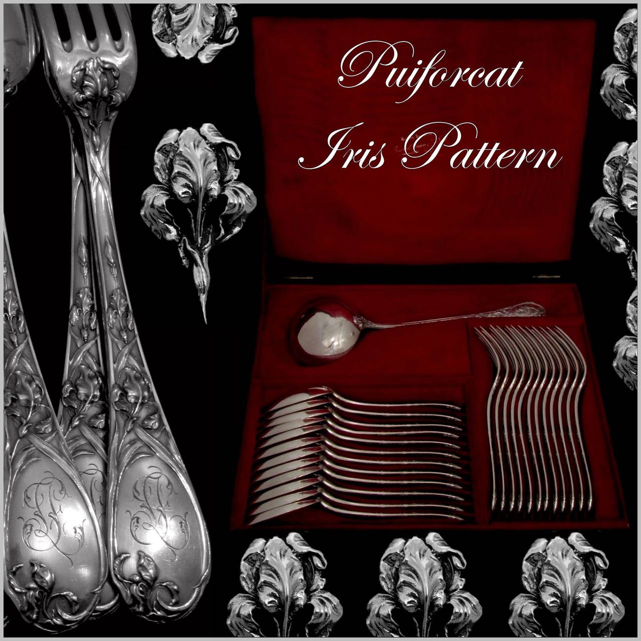 PUIFORCAT French Sterling Silver Dinner Flatware Set 25 pc Iris w/box

Head of Minerve 1 st titre for 950/1000 French Sterling Silver guarantee

The set have a fantastic Iris motif in Art Nouveau style. Finesse of design and quality of execution