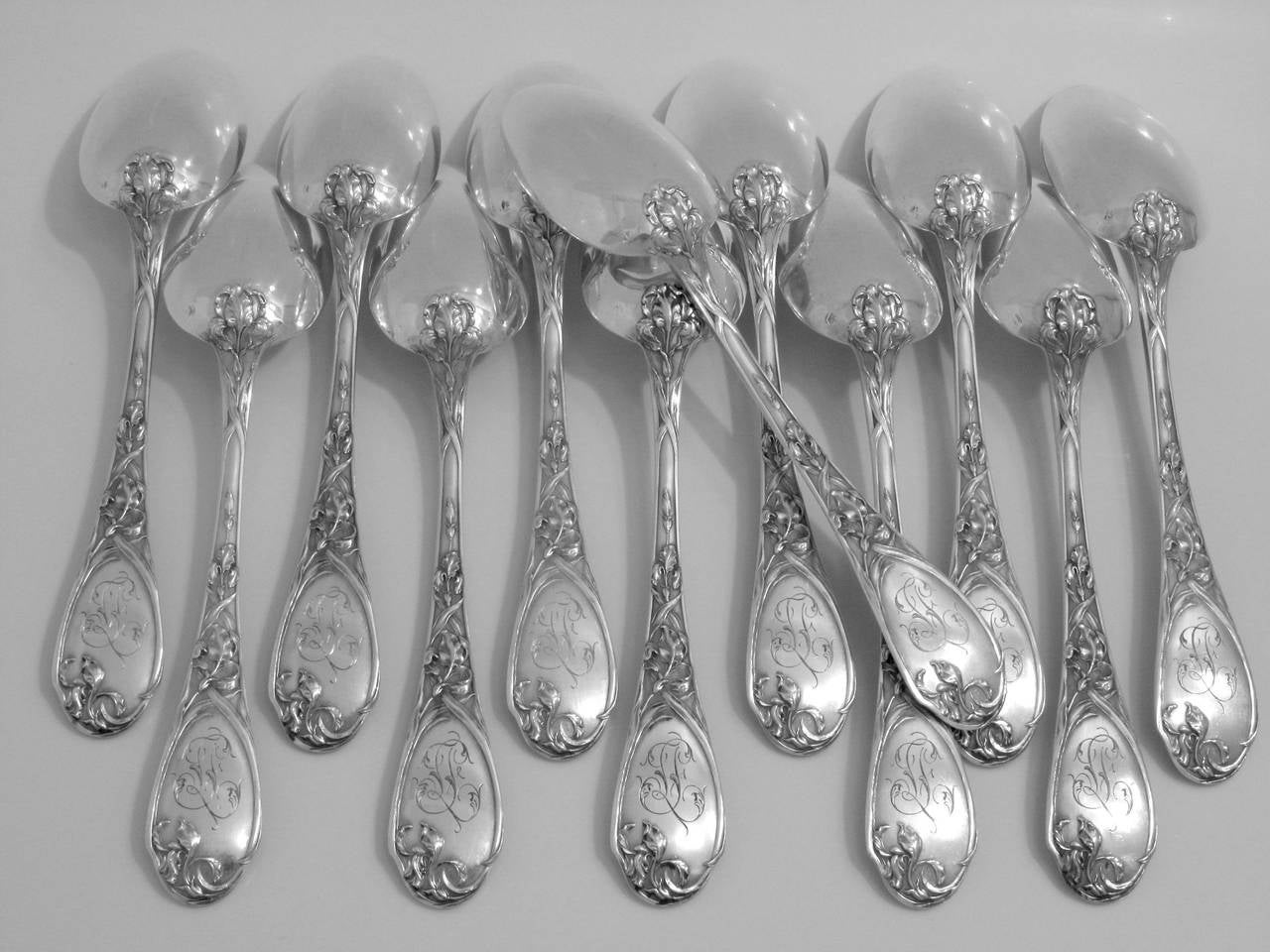 Puiforcat French Sterling Silver Dinner Flatware Set 25 pc Iris with Box For Sale 2