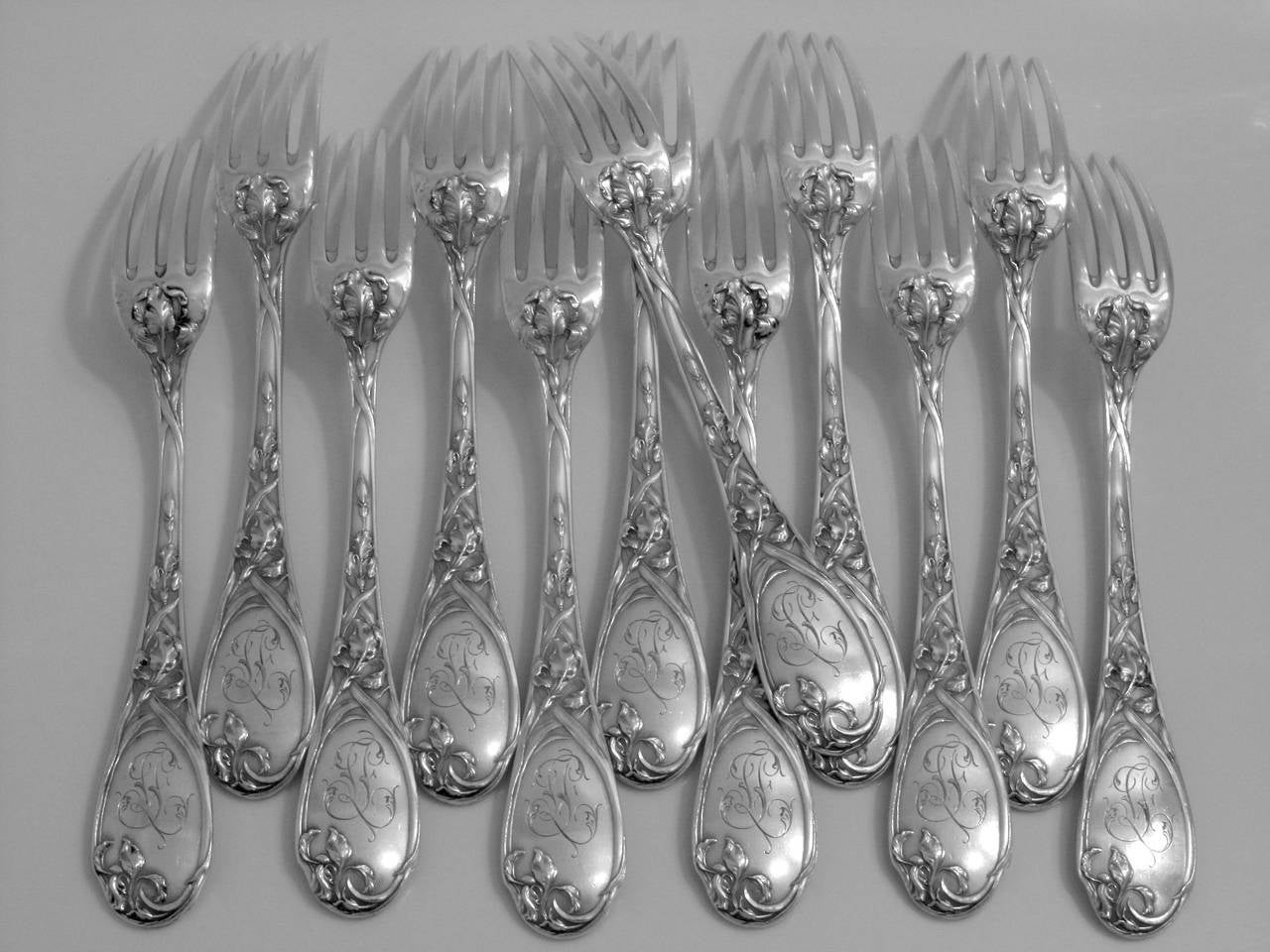 Puiforcat French Sterling Silver Dinner Flatware Set 25 pc Iris with Box For Sale 3